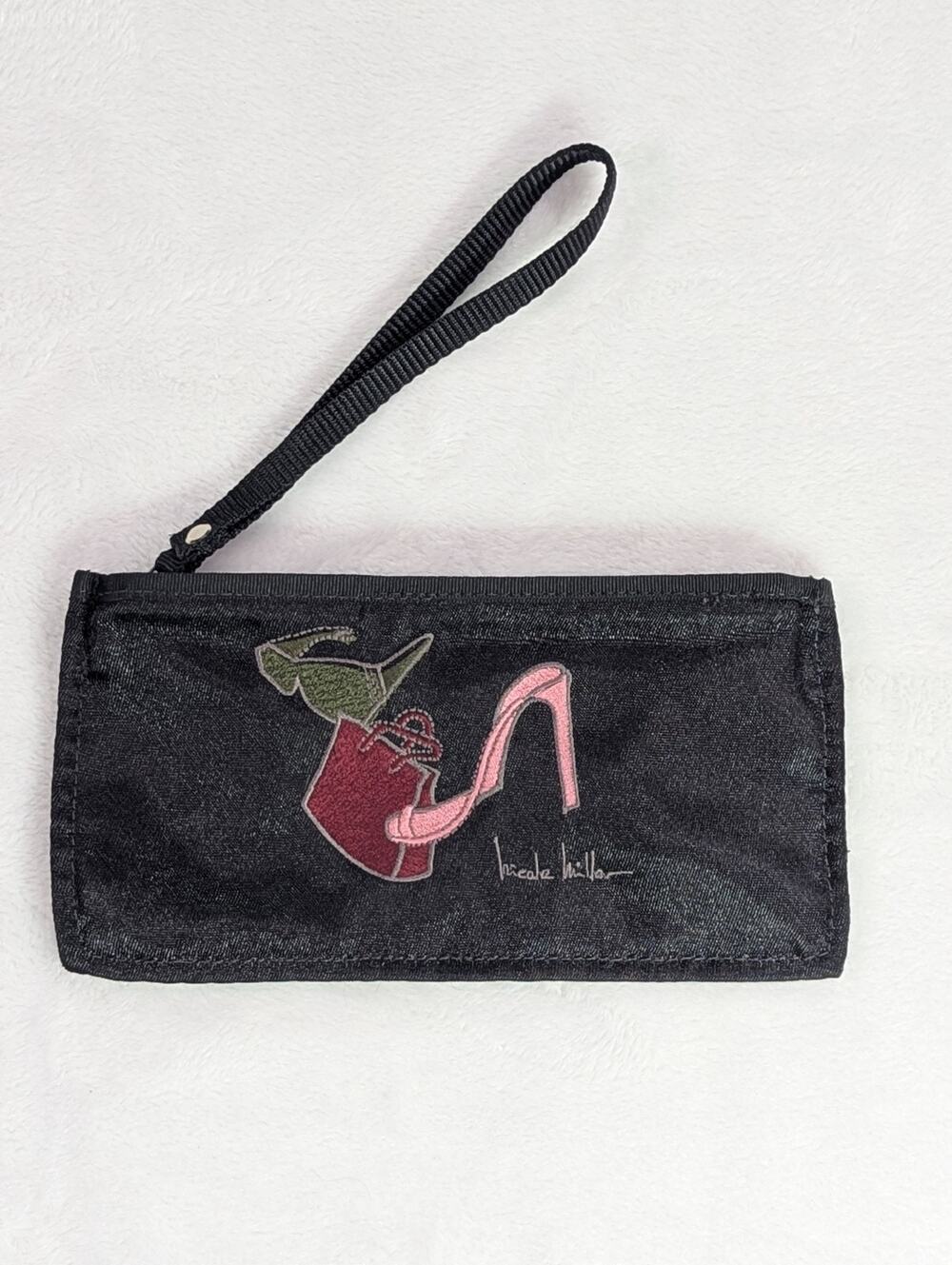 VTG Nicole Miller Wristlet Pouch Black Embroidered High Heel Glasses Bag 90s